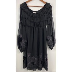 M.L.L.P. size Medium Black Metallic Embroidered Floral Bell Sleeve Dress